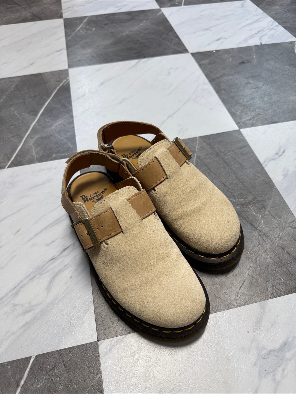 Dr. Martens Jorge Cream Suede Clog with Tan Buckle Strap
